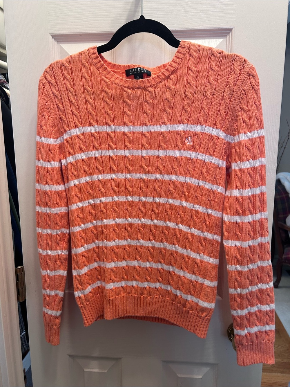 Lauren Ralph Lauren Orange & White Stripe Cable Knit Crew Neck Sweater.Size M